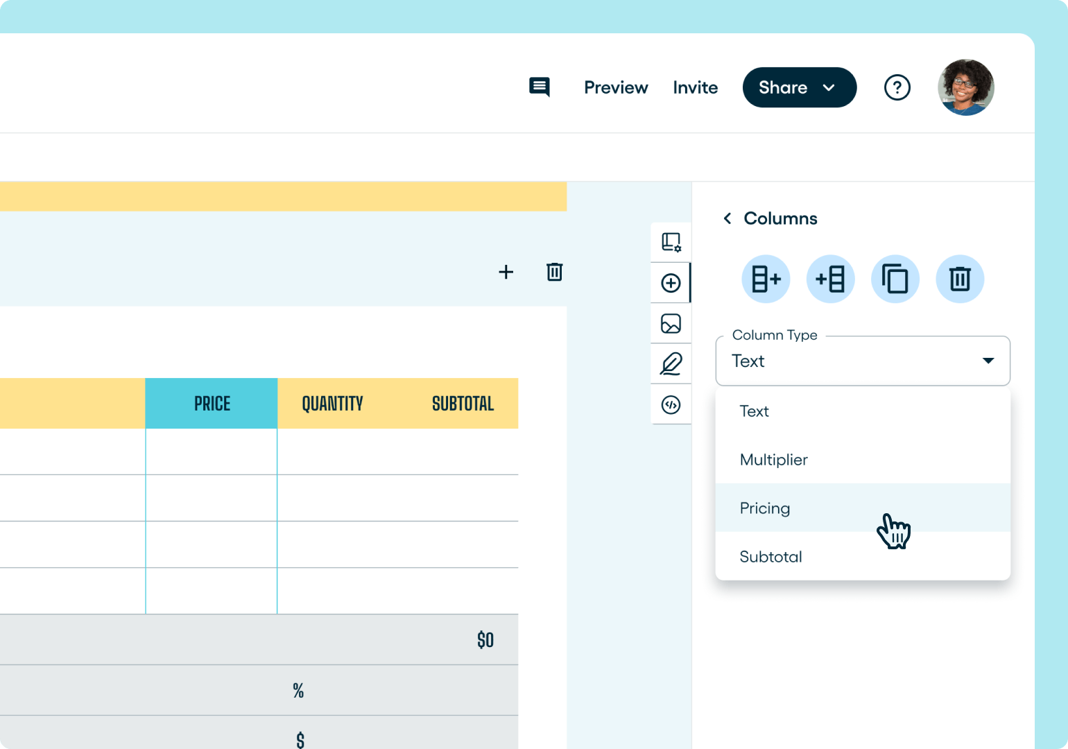 Changing a column in a Proposify pricing table from a text column to a pricing column.
